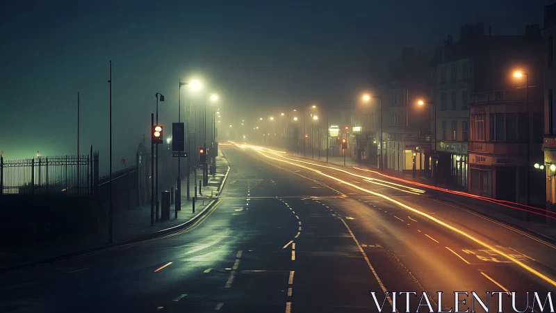 Fog-drenched arterial road with long-exposure traffic traces.