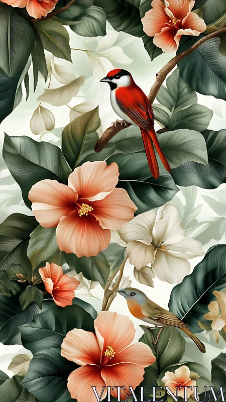 Tropical foliage with hibiscus flowers and perched birds.