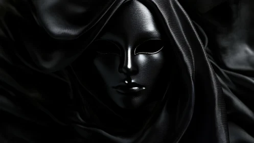 Monochrome veiled mask forms a sculptural study in black sheen