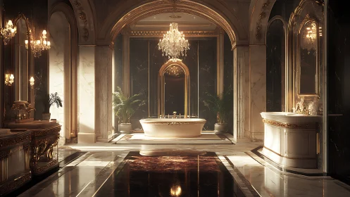 Neoclassical marble bath suite under chandelier luminance.