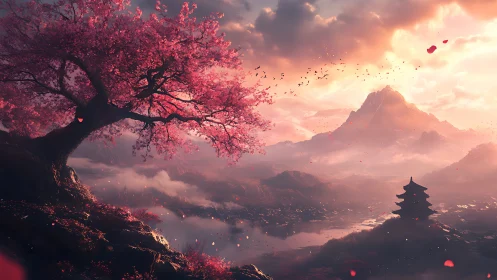Cherry blossom cliff overlooks misty valley and distant pagoda