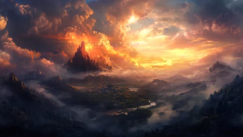 Fiery fantasy citadel rises above misty valleys at sunset
