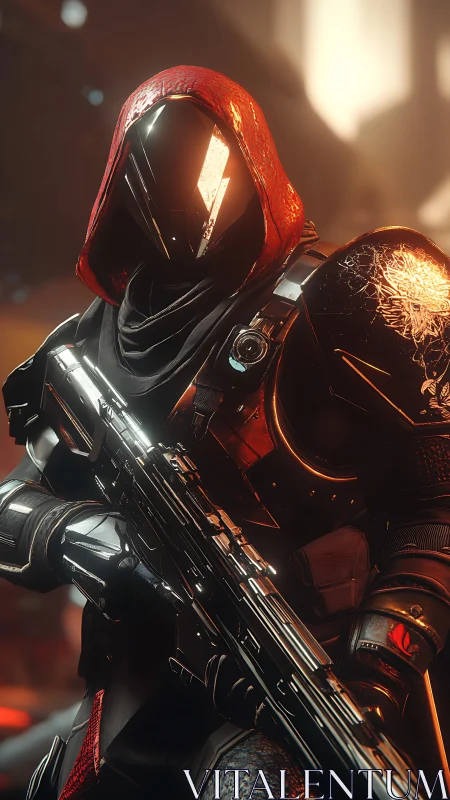 Armored cyber-assassin with reflective visor and plasma rifle.