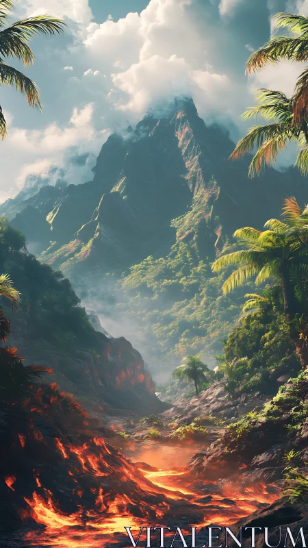 Volcanic jungle corridor with incandescent lava outflow stream.