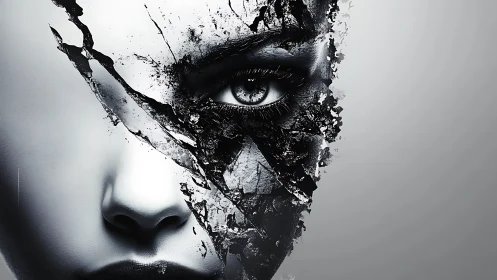 Fragmented monochrome female face with abstract textures.