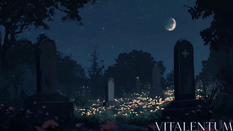 Moonlit graveyard with tall headstones and wildflowers.