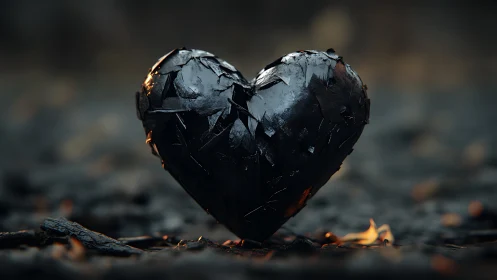 Charred obsidian heart leans quietly above cooling embers