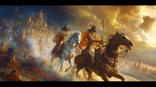 Sunlit warrior cavalcade storms across mythic golden battlegrounds.