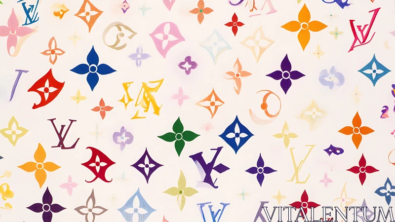 Color-splashed luxury monogram confetti drifting on cream.