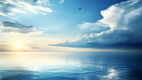 Luminous maritime horizon with stratified clouds at sunrise.