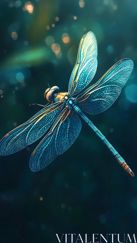 Detailed dragonfly illustration on teal blurred background.