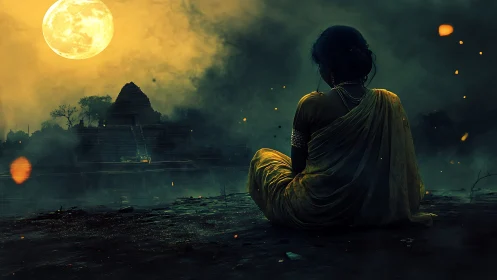 Solitary woman watches temple under eerie full moon glow