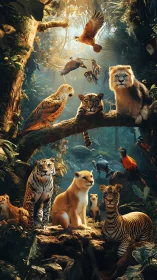Jungle Predators Converge: Golden Forest Wildlife Ensemble.
