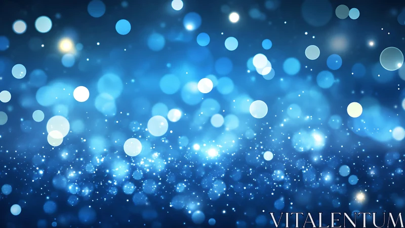 Abstract blue bokeh lights background with glowing sparkles.