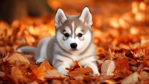 Siberian husky puppy lying in dry autumn leaf groundcover.