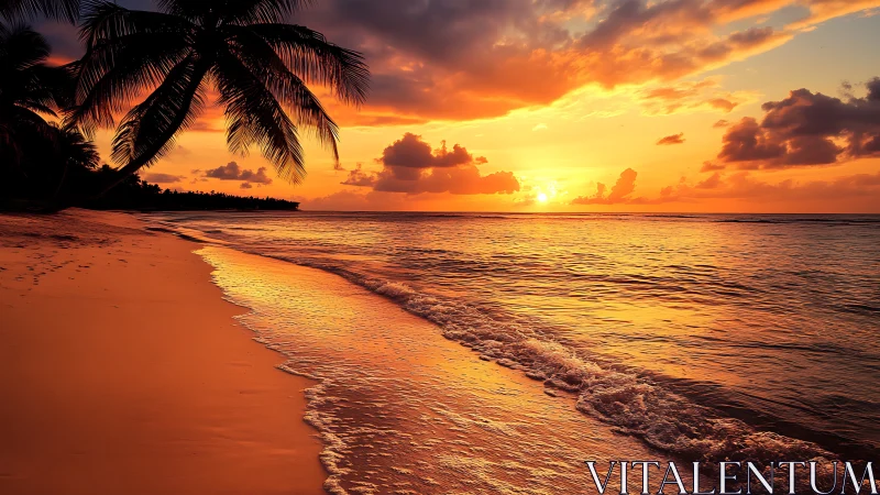 Sun sets over tropical beach with palm tree foreground