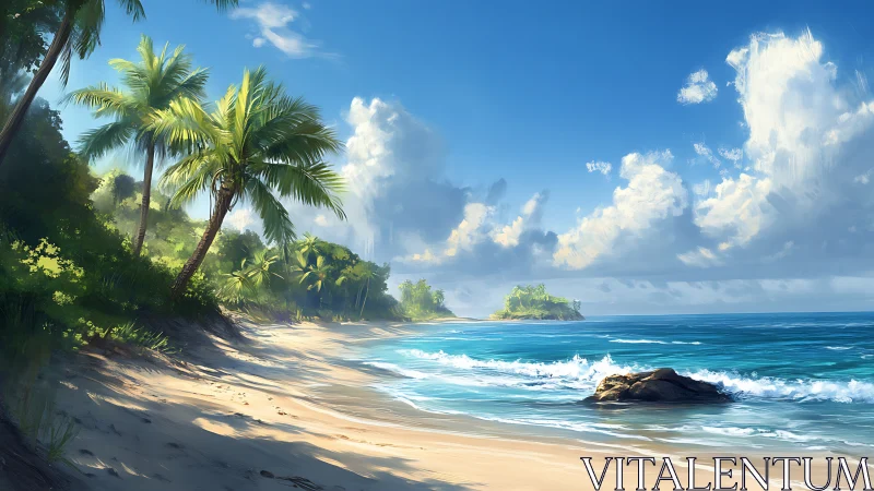 Tropical Beach Coastline with Palm Trees and Ocean Waves