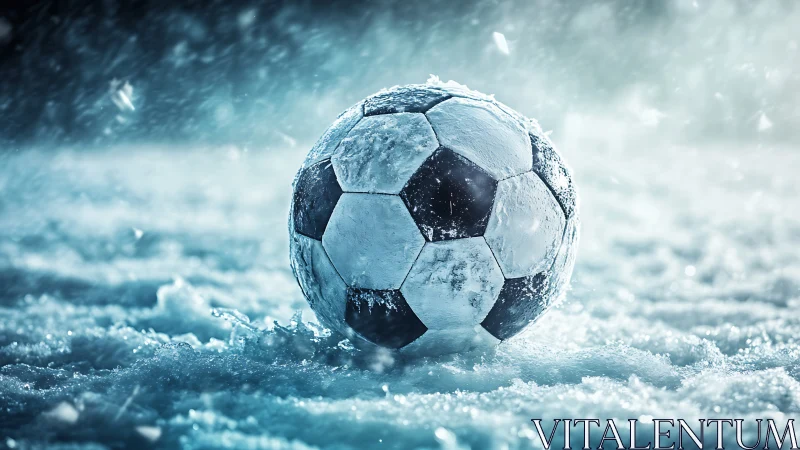 Frozen soccer ball in dynamic high-contrast winter field scene.
