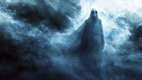 Mysterious ghostly wanderer drifts gently through swirling mist