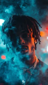 Moody urban portrait of tattooed man in neon smoke.