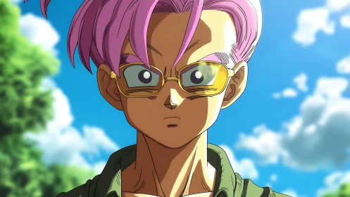 Pink haired anime character with glasses outdoors in daylight.