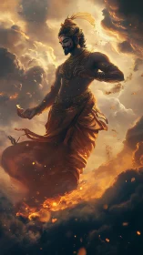 Majestic celestial warrior drifting through glowing clouds.