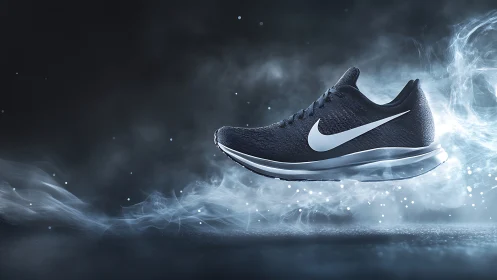 High-speed running shoe in dynamic vapor trail studio lighting