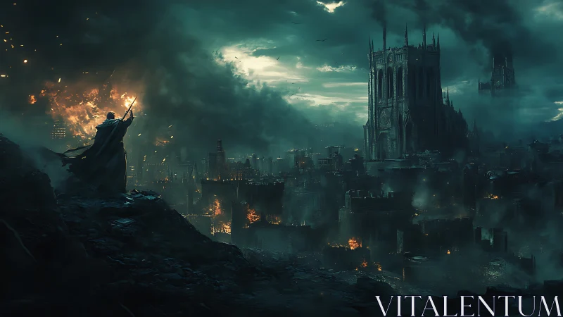 Storm-lit mage watches a dark city burn beneath looming cathedrals