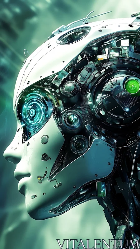 Futuristic cybernetic android head with exposed mechanics.
