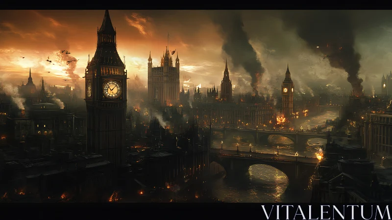 Post-apocalyptic Westminster inferno under toxic amber sky.