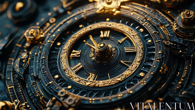 Intricate circular clockwork dial with golden Roman numerals.