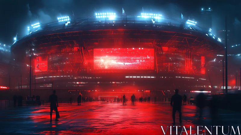 Futuristic stadium facade glowing red in rainy nightscape.