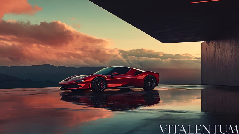 Red sports coupe under cantilevered roof at sunset.
