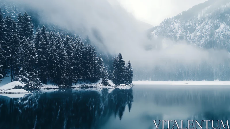 Snow-covered conifer forest by calm alpine lake in fog.