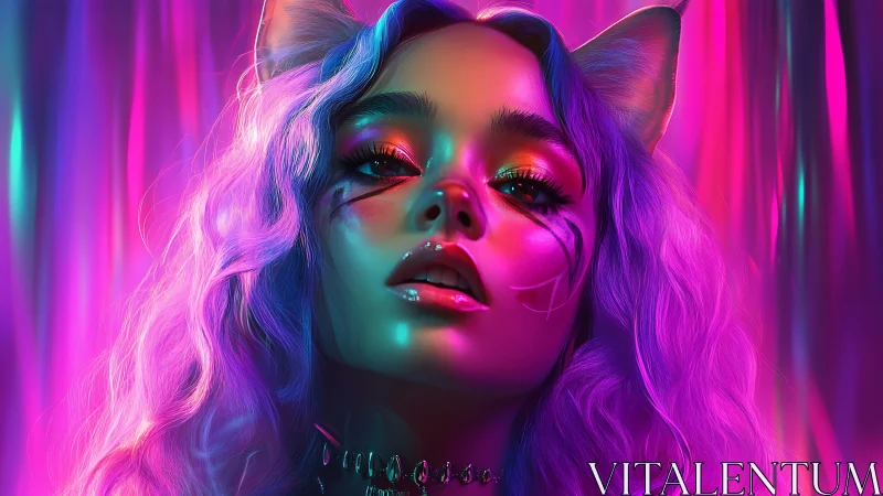 Neon cat girl gazes into glowing cyberpunk nightclub haze