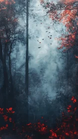 Autumnal Descent: Atmospheric Forestscape with Chromatic Leaf Fall.