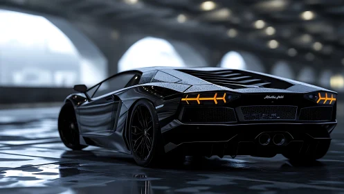 Black supercar idles under wet tunnel lights after rainfall