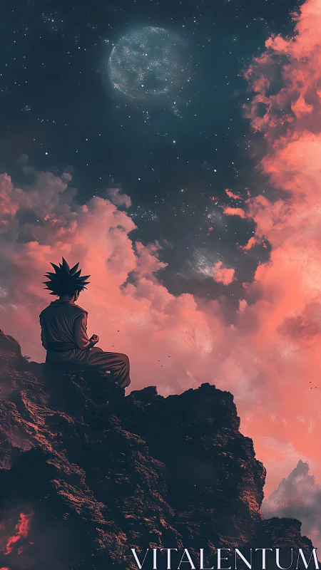 Solitary warrior meditating beneath a cosmic twilight sky.