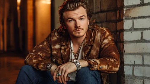 Confident man in leather jacket relaxes against warm brick wall