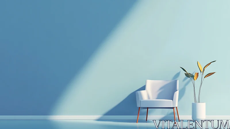 White armchair and plant against blue wall in hard sunlight