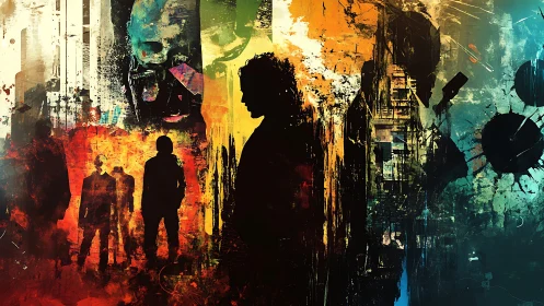 Silhouettes drifting through a wildfire of fractured city light.