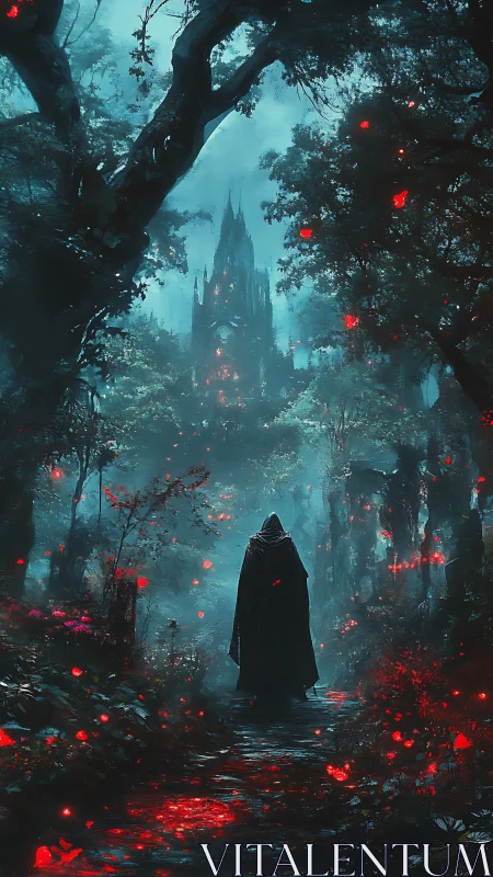 Cloaked figure on forest path facing distant gothic castle.