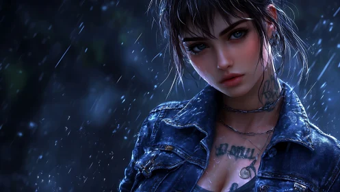 Tattooed woman in rain wearing wet denim jacket at night.