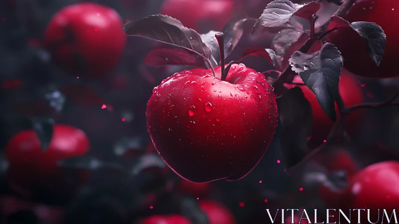 Close-up red apple with water droplets on dark foliage.