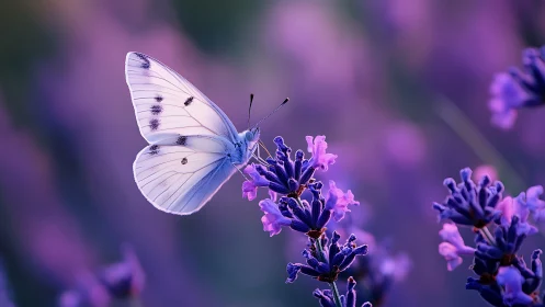 White butterfly poised on lavender in dreamy violet bokeh.