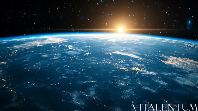 Orbital sunrise over blue Earth horizon with starfield glow.