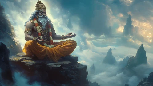 Serene mountain sage quietly meditates above drifting clouds