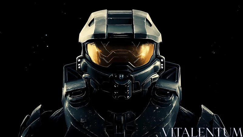 Armored sci fi soldier faces viewer in dark space