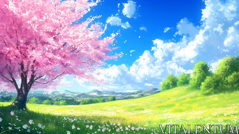 Cherry blossom tree over sunlit spring meadow landscape.