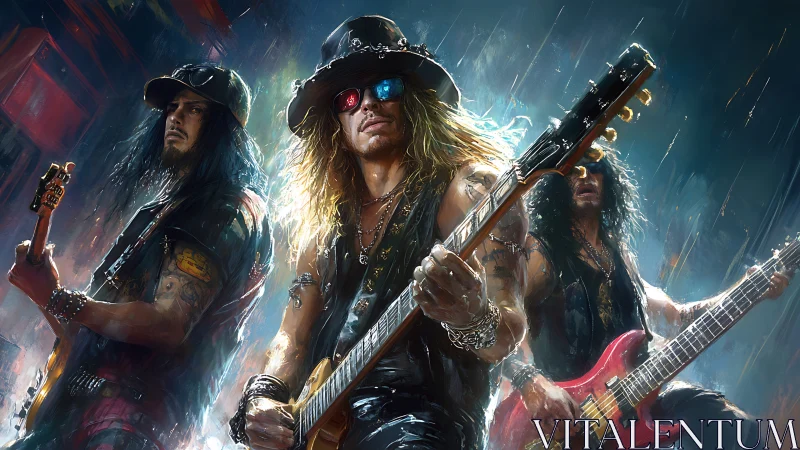 Rock guitar trio shred under neon rainlit stage lights.